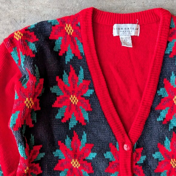 Vintage High Gate Ltd Petite Red Poinsetta V-Neck Cardigan Sweater small - Picture 2 of 7